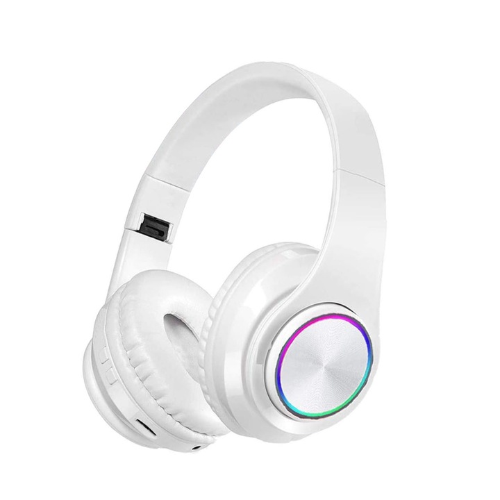 Безжични слушалки, Bluetooth, цветни LED светлини, вграден микрофон, сгъваеми, кабелни HiFi стерео, бял
