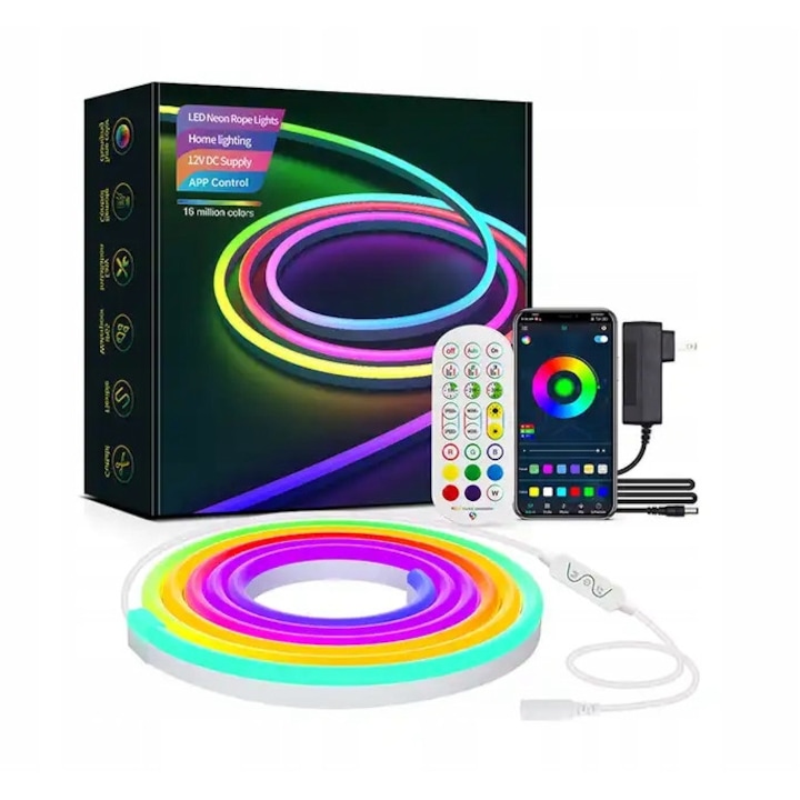 Banda LED NEON RGB 5050, Bluetooth, Aplicatie Mobila, Control prin Pilot, 6 Metri, IP67, 300 LED-uri, Rezistenta la Apa, Lumina Colorata, Control Vocal, Sincronizare Muzicala