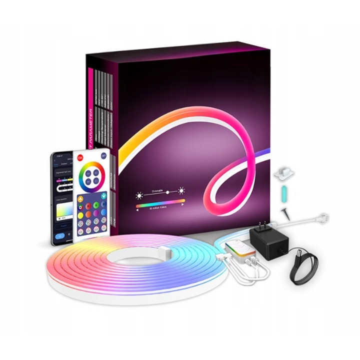 Kit Banda LED NEON RGBIC, 5050+WS2812B, Bluetooth, Control prin Aplicatie, Pilot IR, Efect Tarie, 5m, 60 LED-uri/m, Rezistent la Apa IP67, 300 LED-uri
