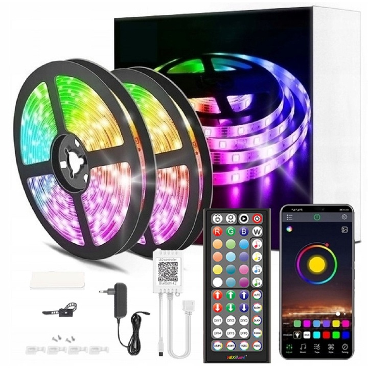 Kit Banda LED RGB LEDRGB 5050, 12 metri, Bluetooth, Control prin Aplicatie Mobila, Telecomanda, Muzica, 360 LED-uri, Multicolor, Eficienta energetica, Timer in Aplicatie, Lipici puternic, 12V