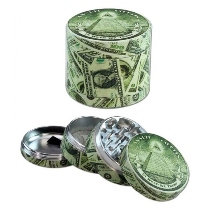 Grinder tutun plante, Black Leaf In Weed We Trust Dolar, din aluminiu verde, 4 Parti, Diametru 54mm