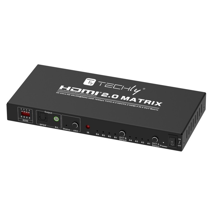 Switch matrice HDMI, 4 intrari - 2 iesiri, 4k2k@60Hz, HDCP, HDR, V.2.0, Negru, Techly, IDATA HDMI-H42C
