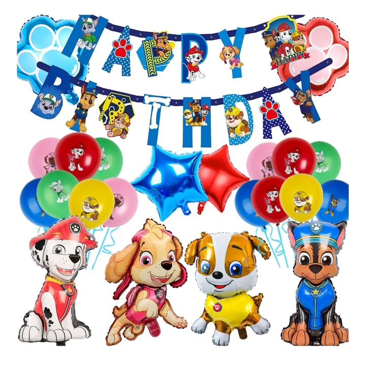 26 db ANTADESIM lufi készlet, kölyökkutya járőr fólia lufi 72 cm, latex lufi 30 cm, dísz zászlók, tarka