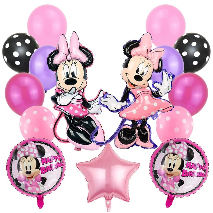15 db ANTADESIM lufi készlet, fólia lufi Minnie egér 80 cm, latex lufi 30 cm, rózsaszín