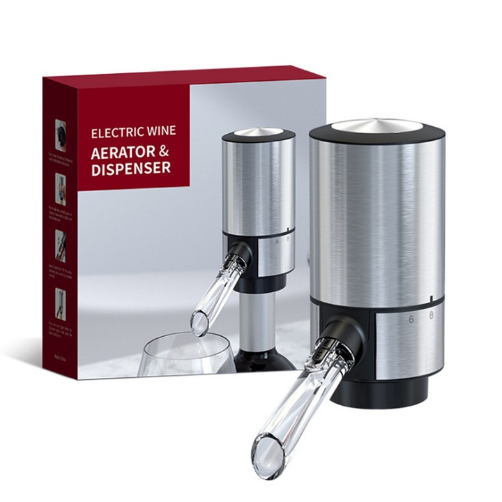 Decantor electronic inteligent, portabil, argintiu, compatibil cu toate tipurile de sticle