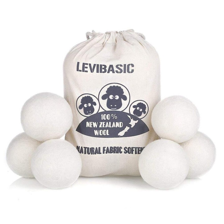 Set 6 Bile din Lana 100% pentru Uscator - Natural, Reutilizabil, Anti-Electrizante, Reduc Timpul de Uscare si Cutele de Imbracaminte, Alternativa la Bilele de Plastic si Balsamul Lichid, Cu saculet de Depozitare, Alb