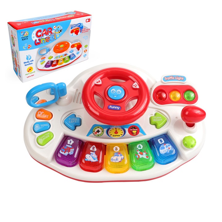 Интерактивна играчка с волан на кола за деца и бебета със светлина и музика, за момичета и момчета, със специални ефекти и интерактивно обучение, многофункционална, за развитие на когнитивните умения, 30 х 19 х 9 см, многоцветна