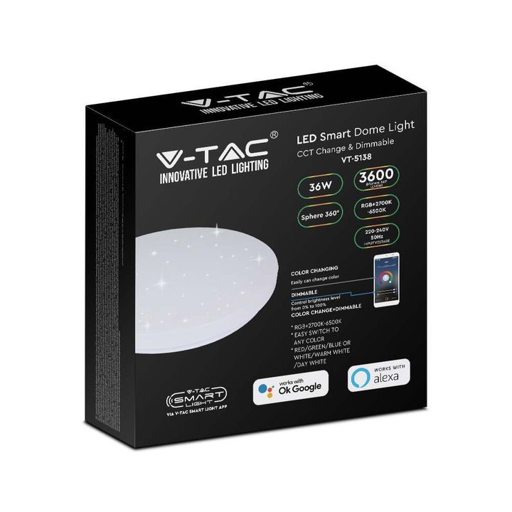 Plafoniera LED 36W Smart V-TAC, RGB + CCT (2700-6500 K), alba, kompatibilis Alexa/Google