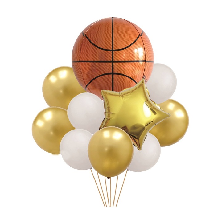 Комплект от 10 парти балона, метално фолио бяло, жълто, оранжево, баскетболна топка, 55x45x30 см