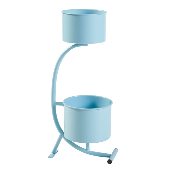 Suport plante, en.casa, PXFF-0157 Almelo, 63 x 29 x 21 cm, metal, albastru deschis, cu 2 ghivece