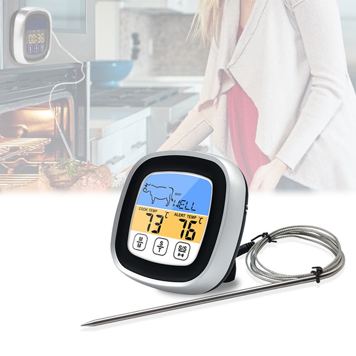 Termometru Digital De Cuptor, Sonda Inox, Magnetic, Display Touch Screen, Citire 1 Secunda, Functie Timer Si Alarma, Argintiu