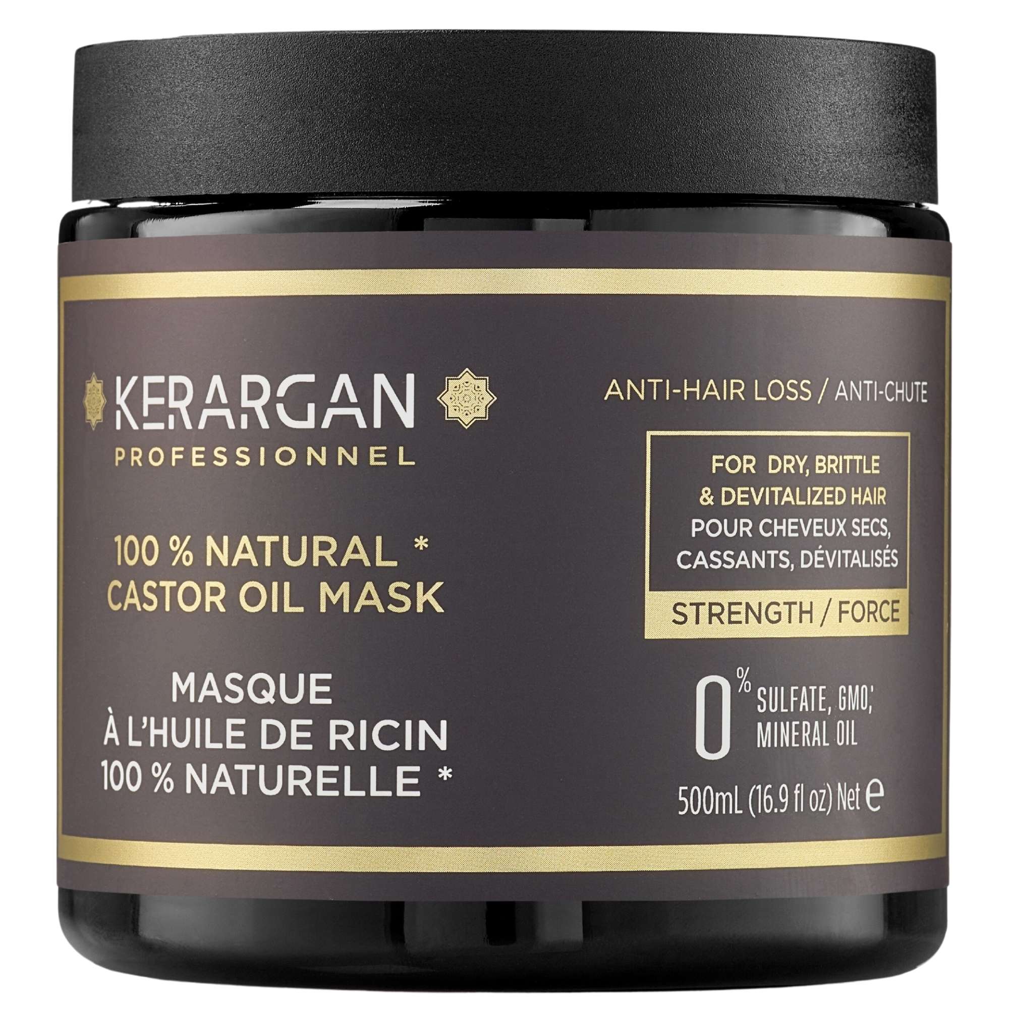 Masca de par, Kerargan, ulei de ricin/Aloe Vera, pentru par uscat, 500ml,  auriu - eMAG.ro