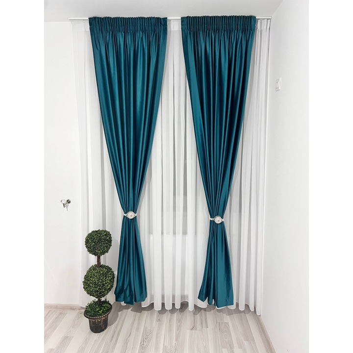 Комплект от две кадифени пердета Ronda, тюркоазени, изработени на реянс с ширина 10 см, 2х150х270 см