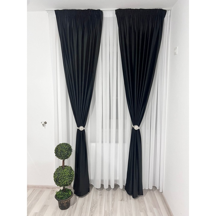 Комплект от две кадифени пердета Ronda, черни, изработени върху гингам с ширина 10 см, 2х250х250 см