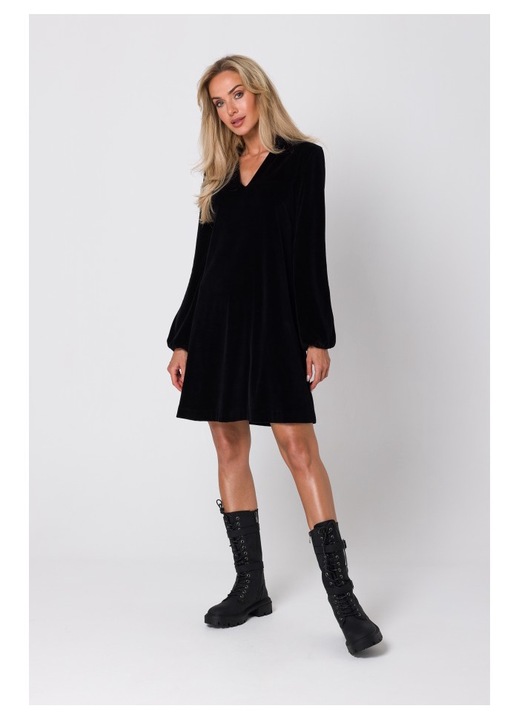 Кадифена рокля с V-образно деколте, MOE, Черен