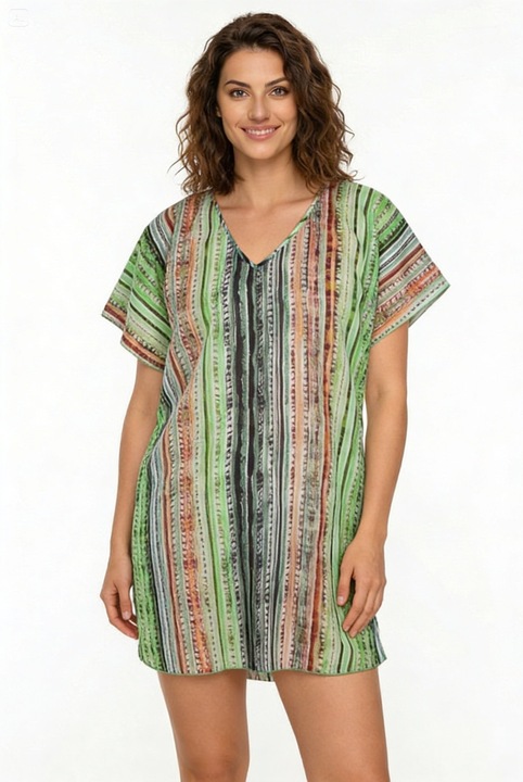 Pareo de plaja, model in dungi mixte, Aker, marime universala, verde multicolor