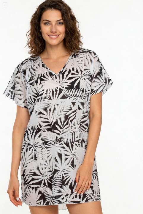 Pareo de plaja, cu model frunze, Aker, marime universala, negru