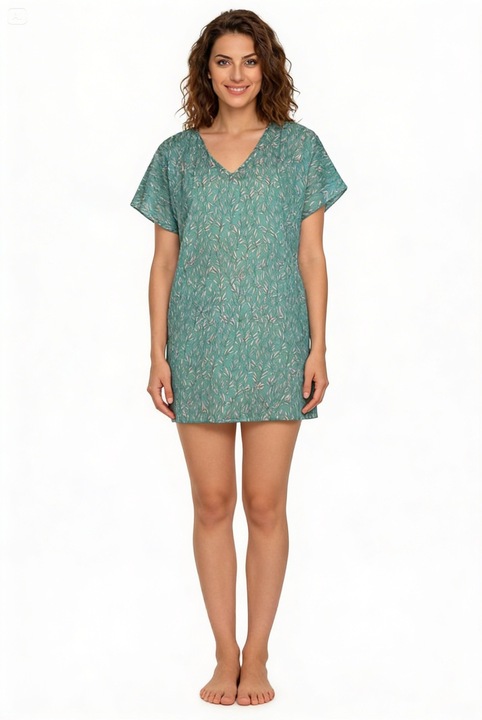 Pareo de plaja, cu model frunze, Aker, marime universala, verde inchis