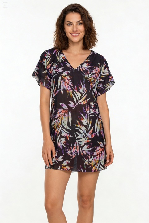 Pareo de plaja, cu model multifloral, Aker, marime universala, negru