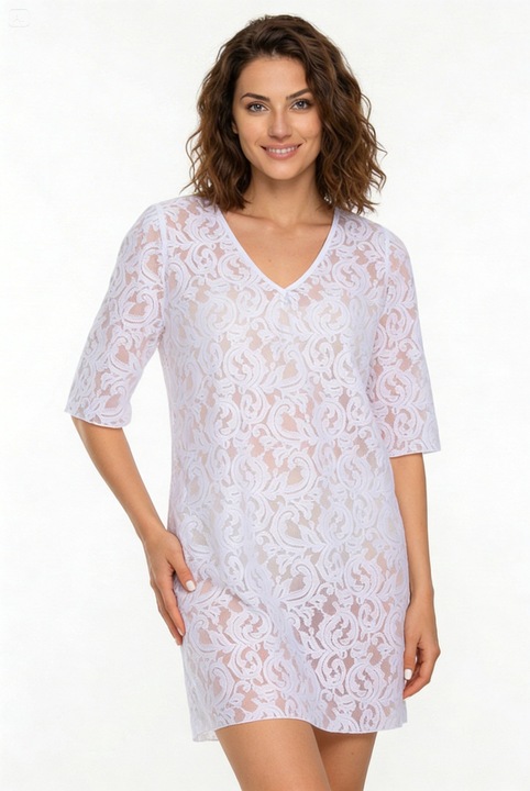 Pareo de plaja, cu model floral dantelat, Aker, marime universala, alb