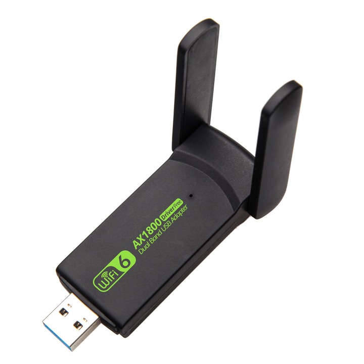 Безжичен адаптер, WIFI6, двулентов, 1800Mbps, WiFi Ethernet, USB 3.0, 2.4G и 5G мрежа, дълъг обхват, 2 антени, черно/зелено