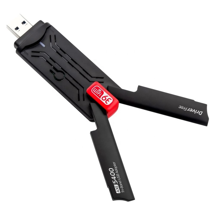 Безжичен адаптер, Wi-Fi 6E, Tri-Band, MU-MIMO, WiFi Ethernet, USB 3.0, 2.4G 5G & 6G мрежа, дълъг обхват, 2 сгъваеми антени, черно/червено