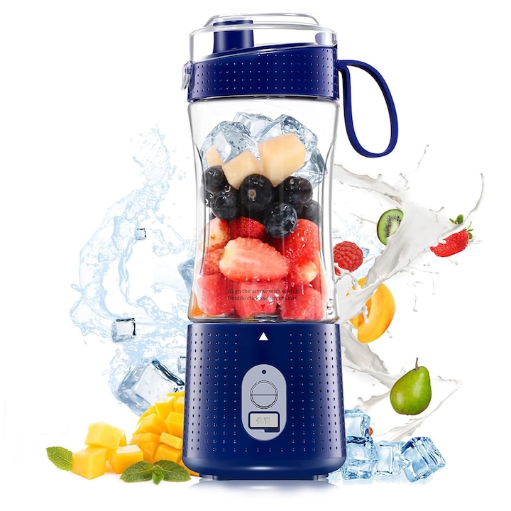 Mini Blender Electric, Portabil/Compact, Multifunctional, Auto-curatare, Capacitate 380ml, 6 Lame 3D, Acumulator 4000 mAH, Bleumarin