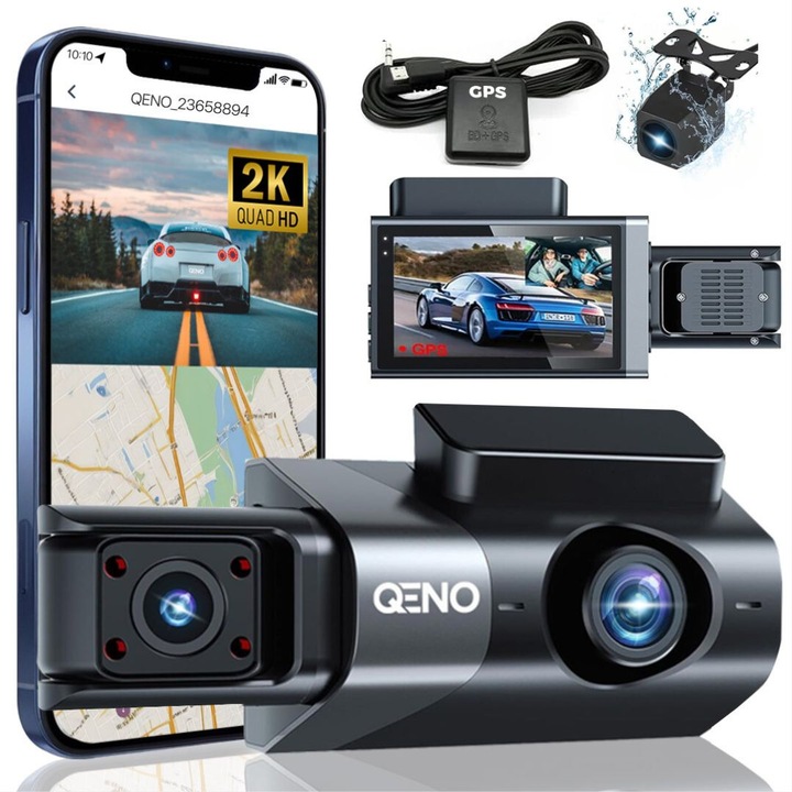 Видеорегистратор Qeno® GoSafe, Троен, 2K Full HD-1440P, WDR, GPS, WIFI, регулируем G-сензор, приложение за телефон, Нощно виждане, 170° широк ъгъл, 3.5-инчов IPS екран, Предна и задна камера, Черен