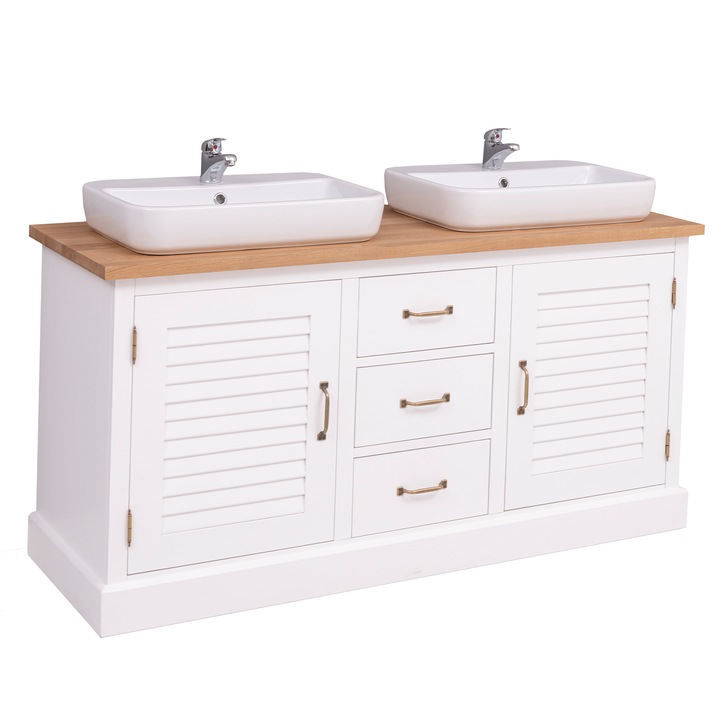 Dulap baie cu 2 usi lamelare, blat stejar, culoare blat maro deschis P061, culoare corp alb P004, 100% lemn masiv, 150x75x51 cm