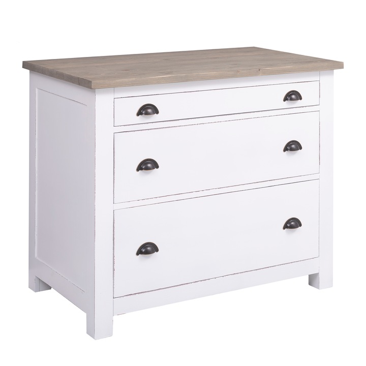 Modul de bucatarie cu 3 sertare pe sine metalice simple si suport pentru tacamuri, culoare blat maro P068, culoare corp alb antichizat P029++P004A, dublu color, 100% lemn masiv, 110x90x65