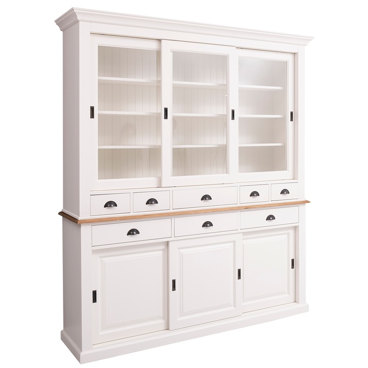 Bufet cu 3 usi glisante, 3 sertare BAS + 3 usi sticla glisante, 5 sertare SUP, culoare top maro deschis P001, culoare corp alb murdar P039, dublu color, 100% lemn masiv, 199x225x48