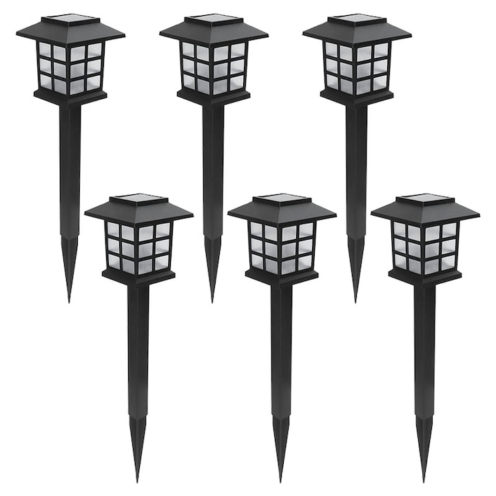Set 6 lampi solare de exterior pentru gradina NEXTLY, cu tarus, tip felinar, decorative, senzor de lumina, waterproof, lumina calda, negru