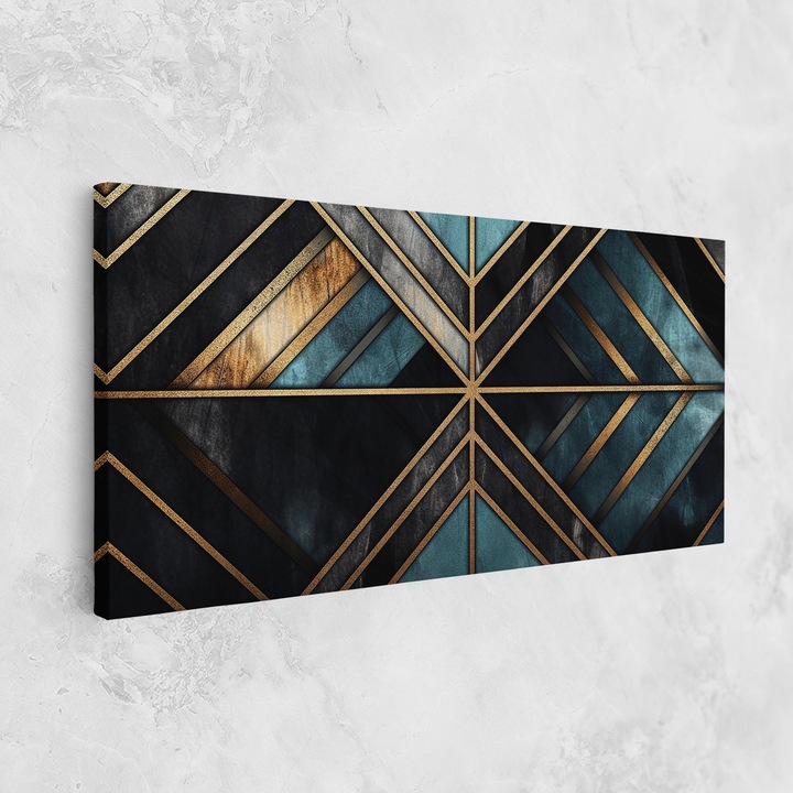 Tablou Canvas, 80x160 cm, Dormitor Si Living, Abstracte, Abstract cu Linii, Gold Lines On Blue Painting