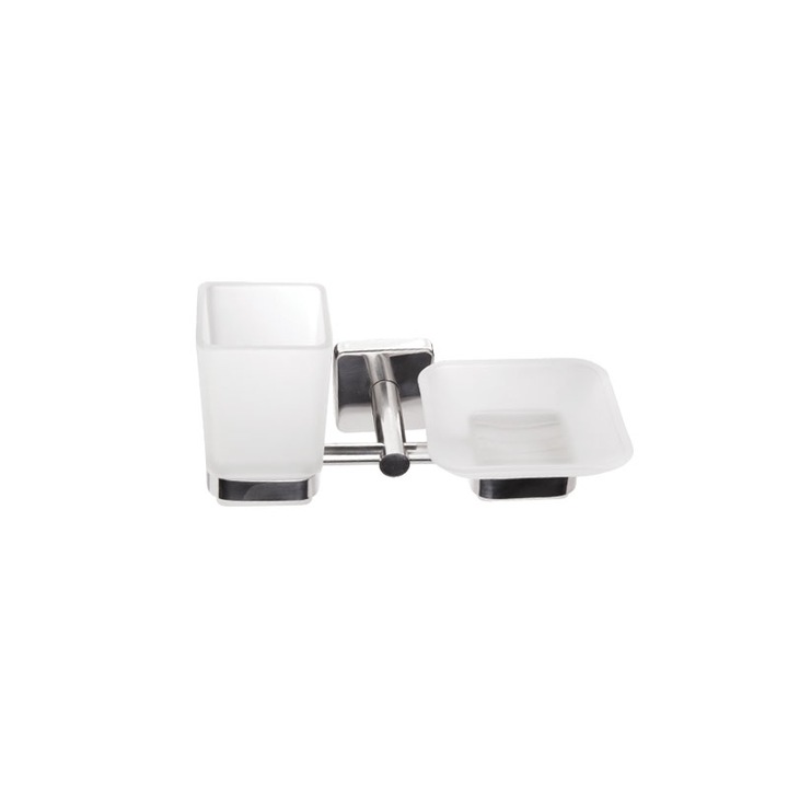 Set suport pahar si sapuniera, Karag, inox, montare perete, argintiu/alb