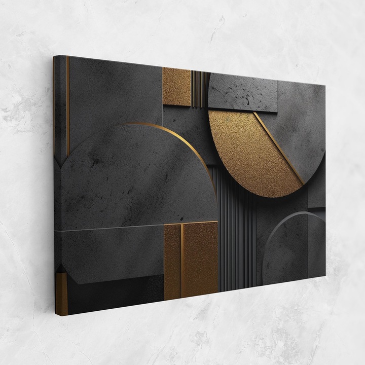 Tablou Canvas, 50x70 cm, Dormitor si Living, Abstracte, Abstract Cu Linii, Gold With Grey Circle