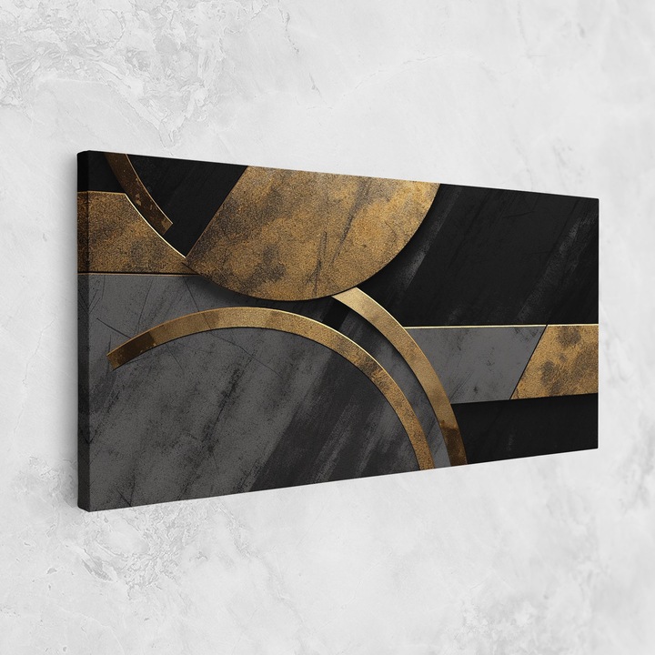 Tablou Canvas, 50x100 cm, Dormitor si Living, Abstracte, Abstract Cu Linii, Grey With Gold Painting