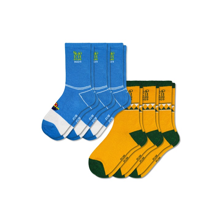 Комплект от 6 чифта, Детски чорапи, памук, EB Prime, безшевни, дишащи и удобни, Син/Синапено жълто
