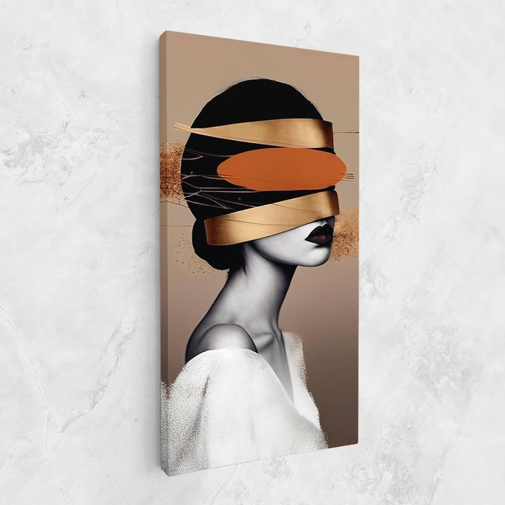 Tablou Canvas, 40x80 cm, Dormitor si Living, Abstracte, Abstract Cu Linii, Woman With Gold Lines
