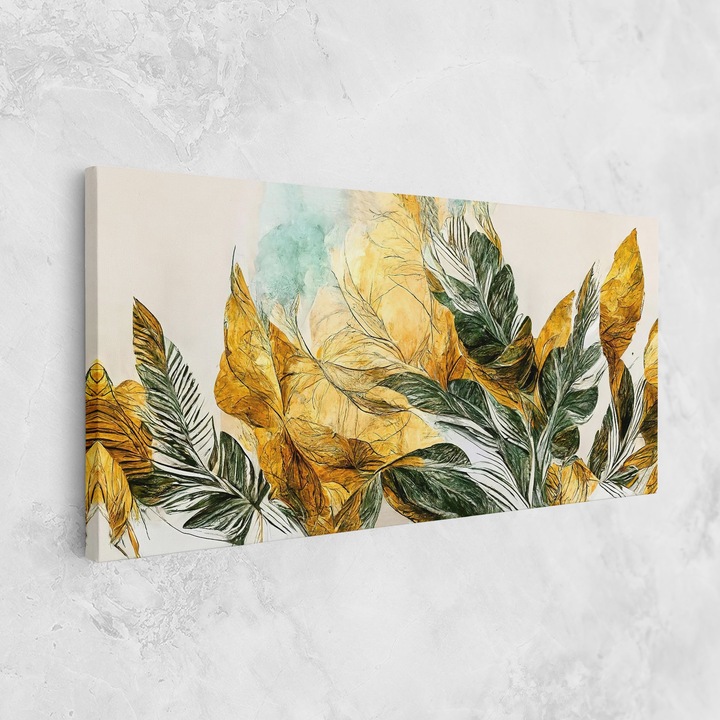 Tablou Canvas, 40x80 cm, Dormitor si Living, Abstracte, Arta Abstracta, Gold And Green Leafes