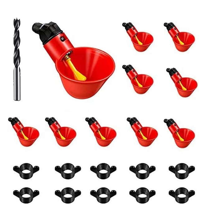 Комплект от 10 поилки JENUOS, автоматични, за малки домашни птици: патици, гъски, гъски, пилета, включително спирала за пробиване за монтаж