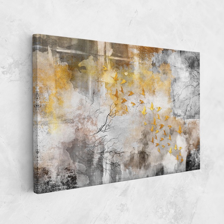 Tablou Canvas, 50x70 cm, Dormitor si Living, Abstracte, Arta Abstracta, Gold Birds Flying