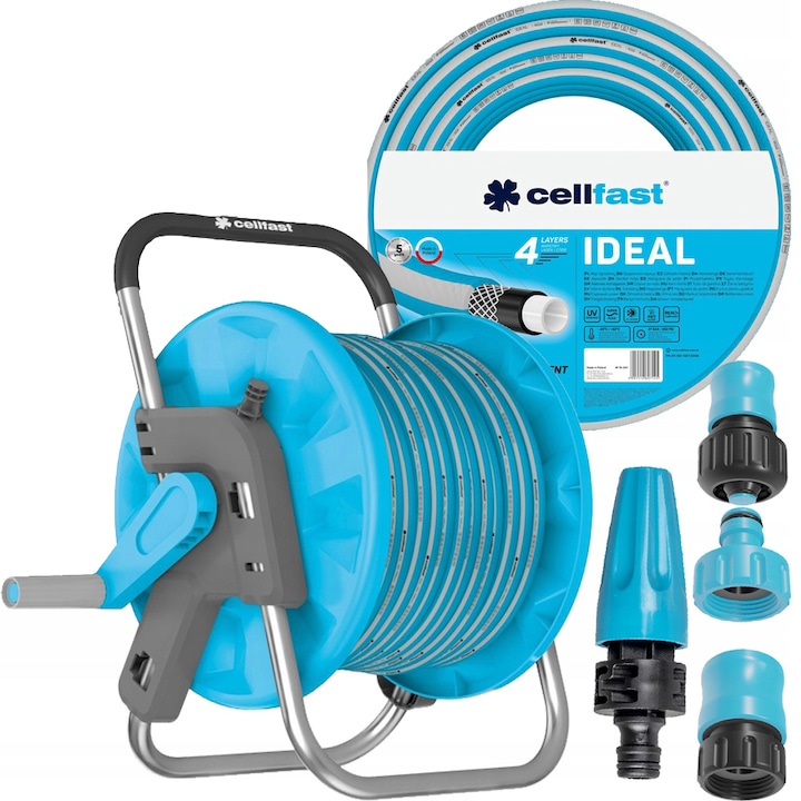 Set de Furtun de gradina Cellfast Ideal 10-242, 1/2", 50m, PVC, 3 adaptor, aspersor, carucior, Albastru