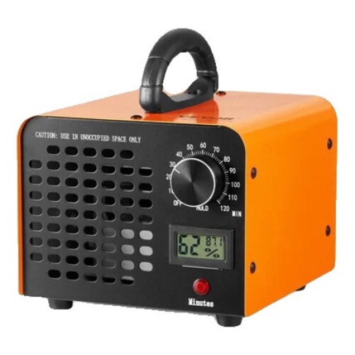 Generator ozon, VEVOR, Acoperire 3230 mp, Temporizator 0-120 min, 115 W, 12000 mg/h, 197 x 175 x 160 mm, Portocaliu