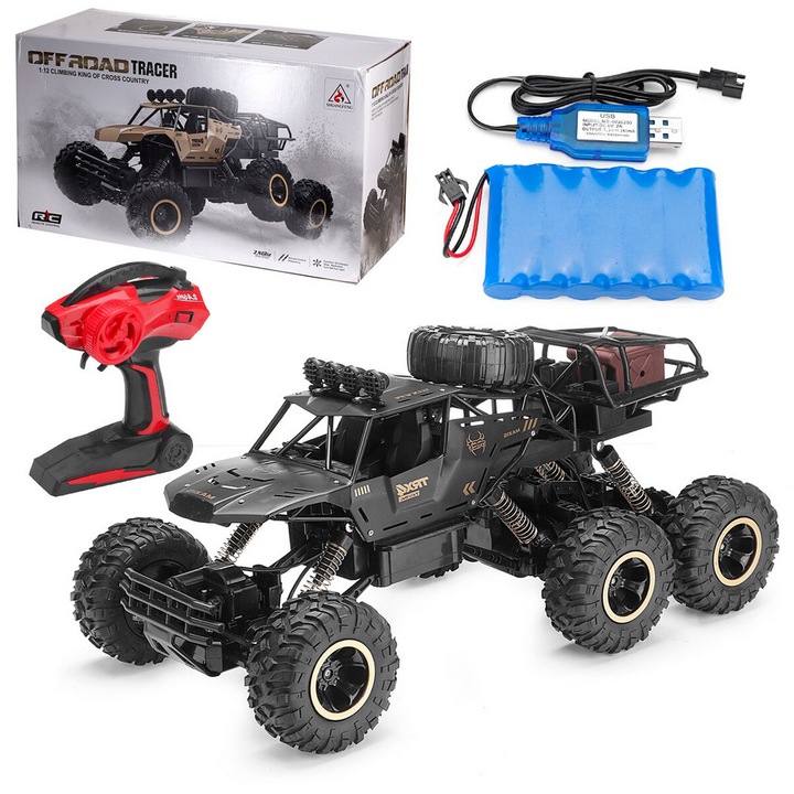 Masina cu telecomanda Off-Road 6 roti, BIG 46 cm, incarcare USB, acumulator, negru, 46x22x20cm