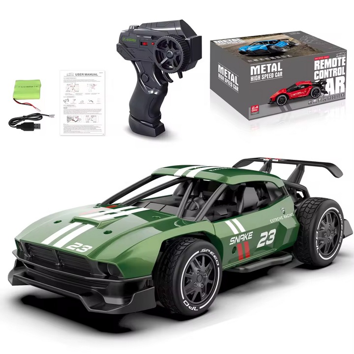 Masina de mare viteza din aliaj cu telecomanda, incarcare USB, acumulator inclus, 20x9.5x6 cm, verde