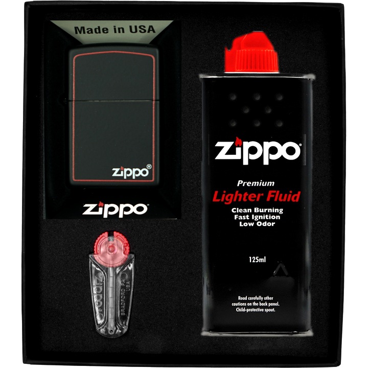 Set Bricheta Zippo Black Matte, Red Border Logo, WINDPROOF, in cutie cadou, negru