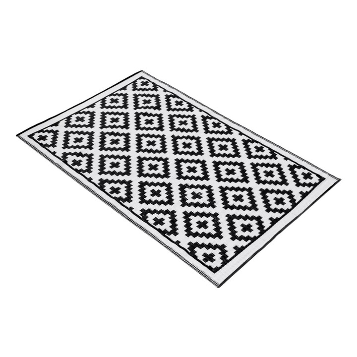 Covoras cu doua fete pentru spatii exterioare Shopiens®, usor de curatat si rezistent la umiditate, negru alb, 180 x 120 cm