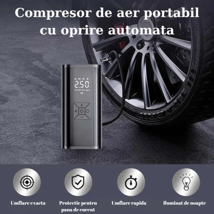 HASEPE elektromos autó légpumpa, LCD digitális kijelző, LED zseblámpa, Hordozható, USB vagy autós szivargyújtó töltés, 4500 mAh akkumulátor, Digitális nyomásmérő, Fekete