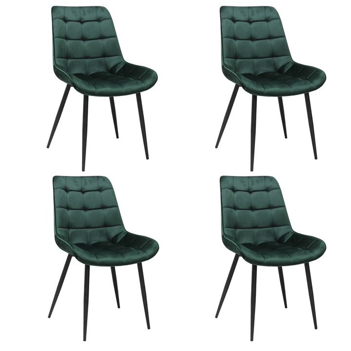 Set 4 scaune Onix Verde inchis, tapitate cu material textil, picioare metalice negre, verde inchis 87x53 cm