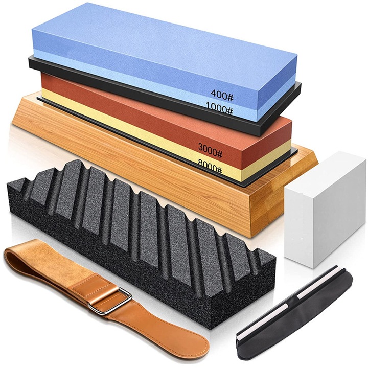 Késélező készlet, dupla szemcsés korund kő 400/1000 és 3000/8000, WALALLA, bambusz talp, simító kő, bőr szíj, csúszásmentes szögvezető